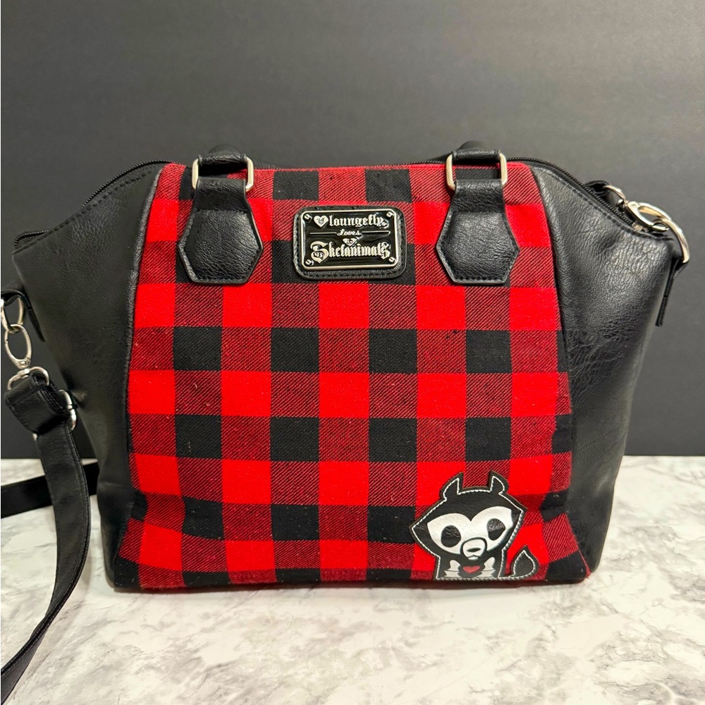 Loungefly SKELANIMALS JAE Red, Red & Black plaid heart ❤️ Satchel Bag